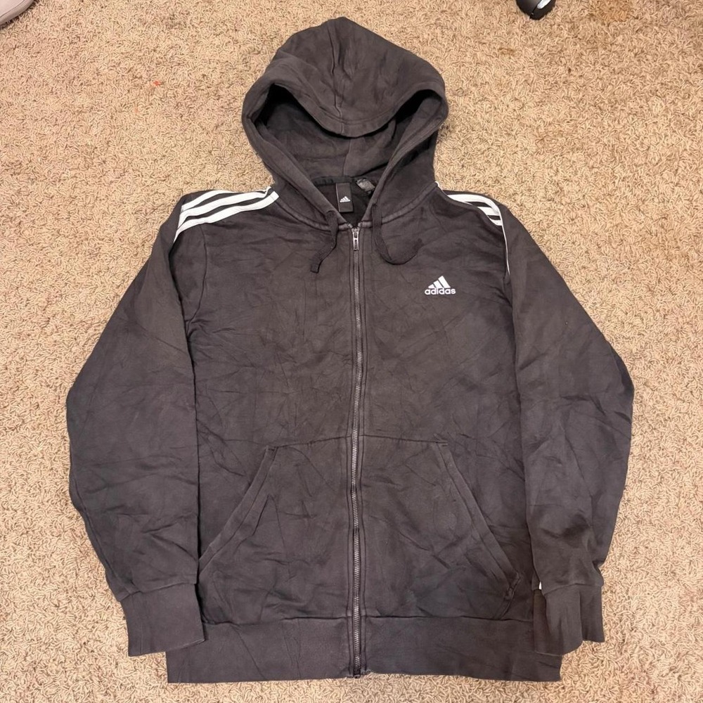 Adidas Mens Full Zip Hoodie Black White 3 Stripe Sportswear Large